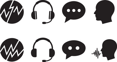 Fototapeta premium Set of eight black icons representing communication sound waves and human profiles set against a transparent background