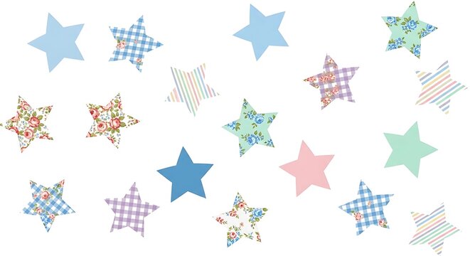 Seamless pattern of decorative stars with floral and gingham prints isolated on white background