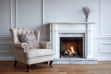 Fototapeta premium Cozy armchair and lit fireplace create a warm, inviting living space.