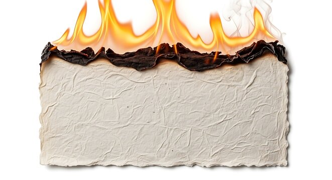 A rectangular piece of textured, offwhite paper burning along the top edge, isolated on white background