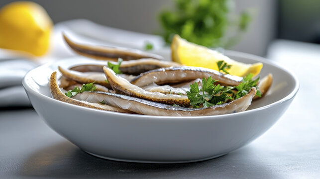 Fresh jellied eels served in bowl with herbs and lemon, showcasing delicious seafood dish