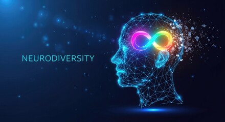 Fototapeta premium A glowing blue wireframe human head profile with a rainbow infinity symbol inside and dissolving particles at the back is displayed on a dark blue background.