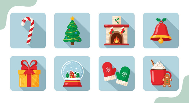 Festive christmas icons set with decorations on transparent background silhouette