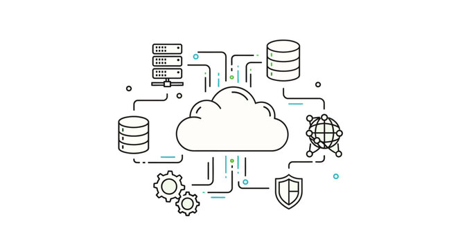 Cloud computing infrastructure illustration with network connections on transparent background silhouette