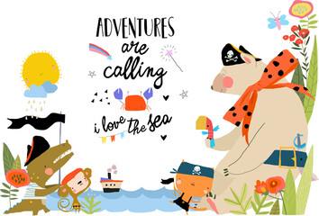 Naklejka premium Cartoon Card with Cute Animals celebrating Pirate Party. Vector Illustration