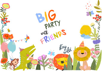 Fototapeta premium Cute Funny Animals celebrating Birthday. Vector Illustration