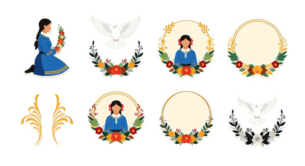 Fototapeta premium Floral wreath designs featuring a kneeling girl and a dove on transparent background silhouette