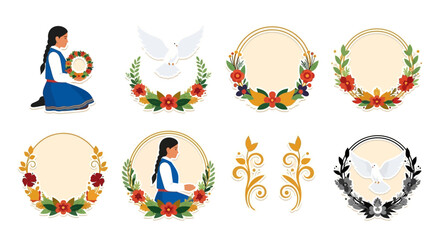 Fototapeta premium Floral wreaths with a girl and doves decorative elements on transparent background silhouette