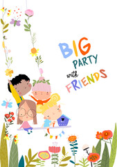 Fototapeta premium Happy Kids Flying on a Swing in Summer Flowers. Vector Illustration