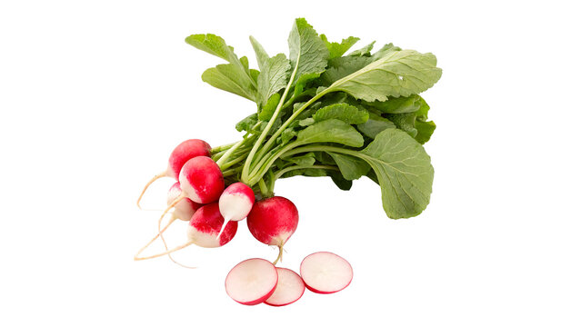  bunch of fresh radishes with green leaves with some sliced radishes isolated on transparent background	