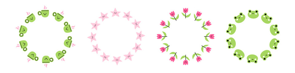 Fototapeta premium Vector set of cute round wreath frames with kawaii matcha tea cup, pastel star, pink tulip flower and smiling frog characters. Adorable doodle borders for kids invitation, logo, social media design.
