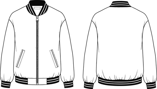 Bomber jacket technical fashion flat sketch zipper front rib collar cuffs waistband front back view apparel template garment vector