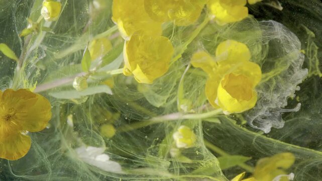 Closeup yellow primrose in ink, conservator research examines pollen and stamen, high detail macro photography reveals texture and subtle fluid