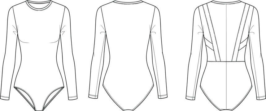 Long sleeve bodysuit technical fashion flat sketch front back views women's leotard template garment design vector outline apparel mockup for production and manufacturing