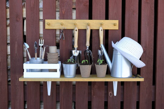 On the outside plank wall of firewood shed are hanging a shelf and a hanger with set of seedlings, pots, watering can, crate, old iron shears, keys and various gardening tools and supplies.