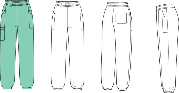 Women jogger pants technical fashion flat sketch elastic waistband sweatpants front back view apparel template garment design vector