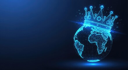 Obraz premium A glowing polygonal Earth wearing a crown is positioned on the right side of a dark blue background.