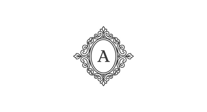 Elegant ornate frame with the letter A, designed as a classic monogram or logo element, on an isolated white background.
