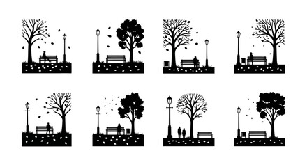 Fototapeta premium Park scenes with trees benches and people on transparent background silhouette