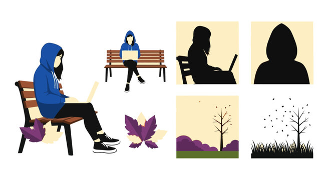 Person using laptop on a bench with foliage and trees silhouette on transparent background