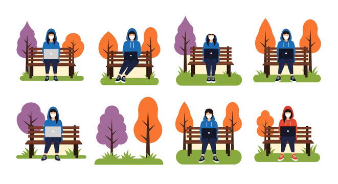 People working remotely on laptops in autumn a digital silhouette on transparent background