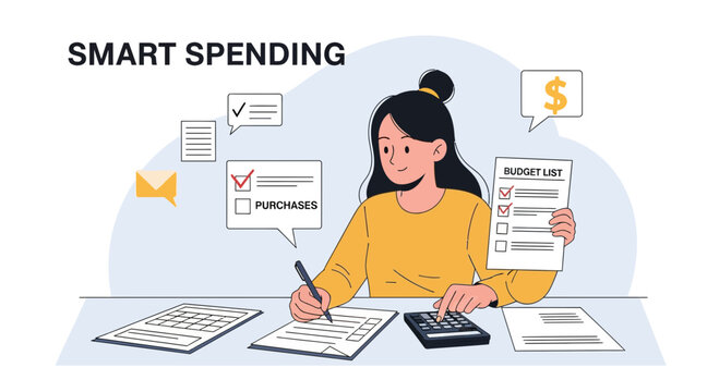 Young woman actively managing her budget and expenses on a list with a calculator and pen