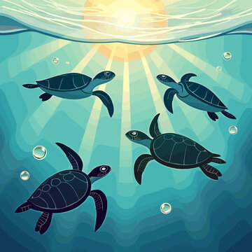 Four sea turtles swimming underwater with sunlight rays above  
