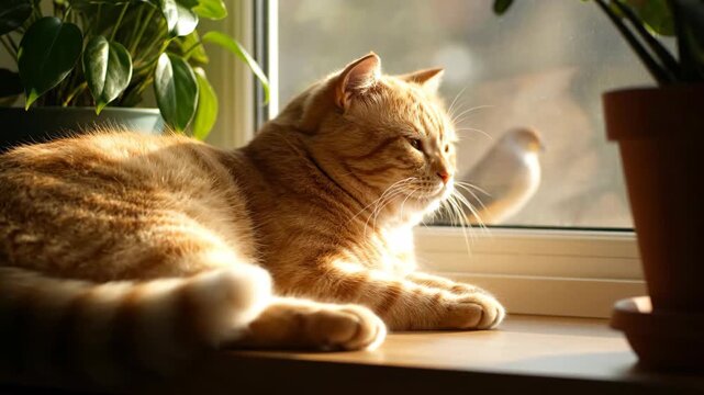 Ginger cat resting in sunlight on windowsill at home relaxing indoors