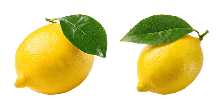 Fresh yellow lemon fruit with green leaves set isolated on transparent background