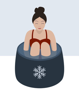 Woman sitting in ice bath, taking a cold plunge.