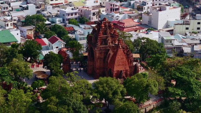 Aerial view of ancient po nagar cham towers in Nha Trang, Vietnam.