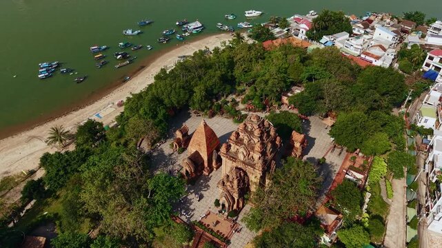 Aerial view of ancient po nagar cham towers in Nha Trang, Vietnam.