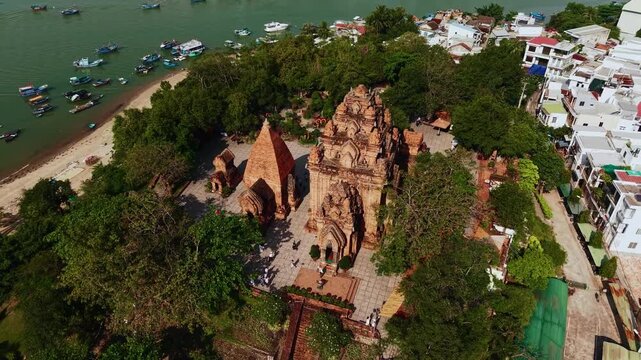 Aerial view of ancient po nagar cham towers in Nha Trang, Vietnam.