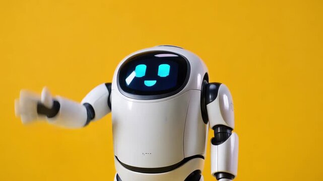 A robot waves its arm and moves playfully against a yellow background while showcasing its design and technology
