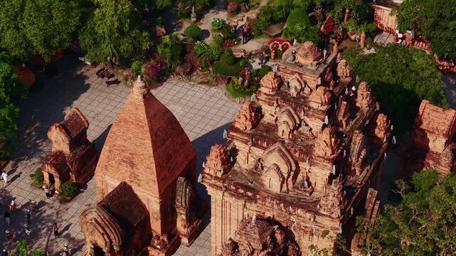 Aerial view of ancient po nagar cham towers in Nha Trang, Vietnam.