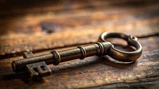Antique Skeleton Key on Rustic Wooden Table Symbolizing Mystery and Discovery
