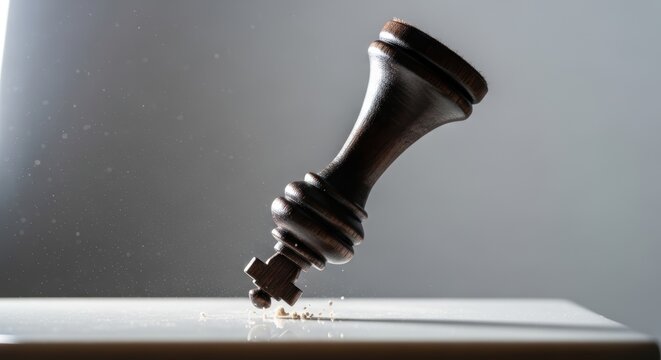 Dramatic close-up of a dark chess king piece toppling over on a white surface, symbolizing defeat, failure, business crisis, or the end of a strategic game. Studio shot with strong lighting.