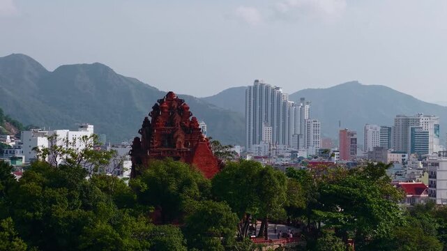Aerial view of ancient po nagar cham towers in Nha Trang, Vietnam.