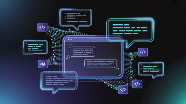 A futuristic digital illustration of code and chat bubbles on a dark background