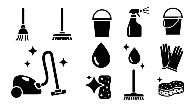 Cleaning Service Silhouette Icon Set Housekeeping Equipment Vector Isolated on White