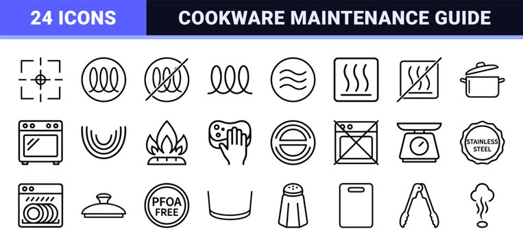 Cookware Safety and Maintenance Standards Symbols in Minimalist Geometric Monoline Art for Packaging Design and Consumer Manuals