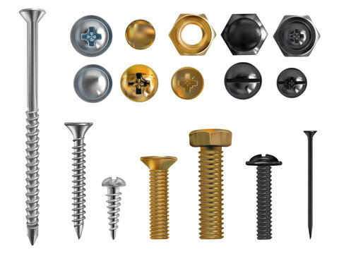 Screw and bolt metal vector collection - realistic gold, black and silver fasteners. Detailed screws with hexagon heads, rusty nails, rivets and nuts on white background for industrial design project