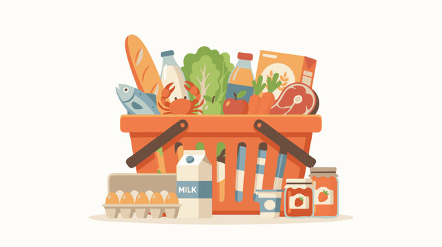 Grocery shopping basket filled with fresh food and essential daily items