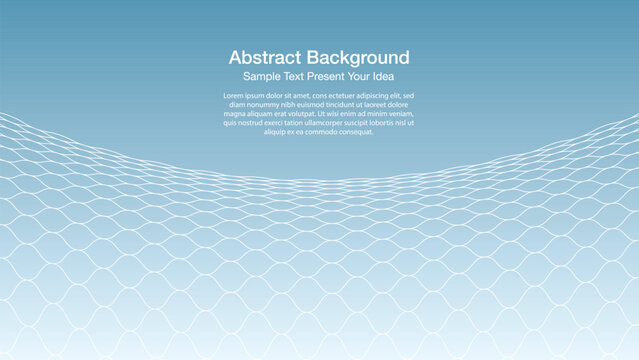 Vector abstract background featuring a curved white wireframe mesh. The blue gradient and linear grid create a vast sense of depth, and infinite space. Idea for website banner, cover page.