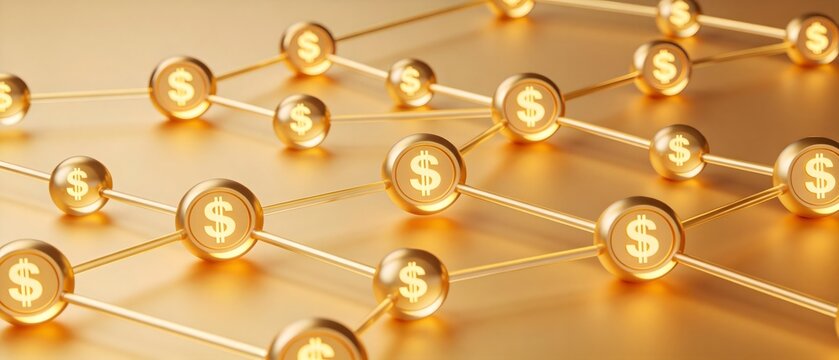 Golden dollar symbols connected in network
