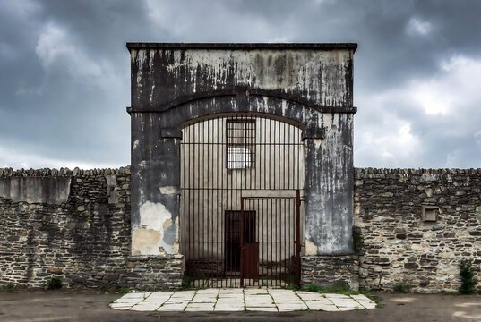 A dilapidated prison gate stands before a weathered stone wall under an overcast sky.