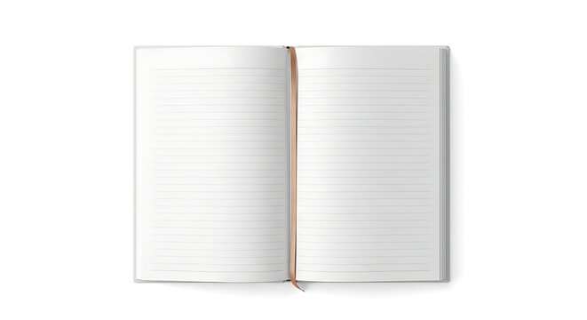 Open notebook with lined pages and a rose gold ribbon bookmark isolated on white background