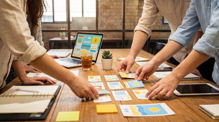 Creative team collaborates on visual content strategy, arranging summer-themed cards for a new digital project launch. © Jonathan