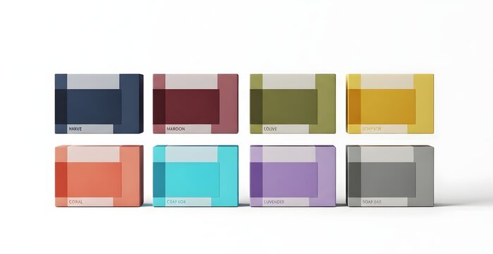 Eight rectangular boxes in various colors including navy, maroon, olive, soap, coral, coast, lavender, and soap bars displayed in two rows.