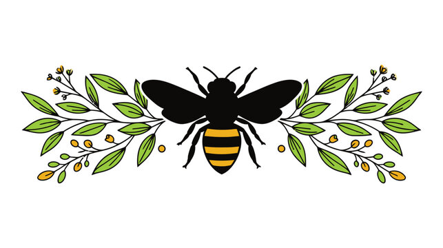Illustration of a bumblebee centered between two symmetrical leafy branches with yellow floral buds